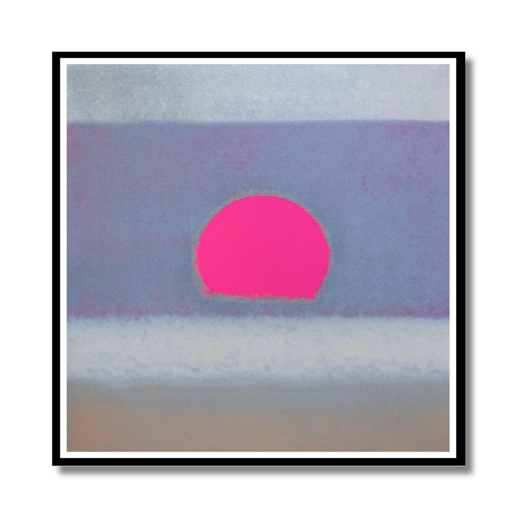 Framed artwork of a pink sun over a blue sky with white clouds.